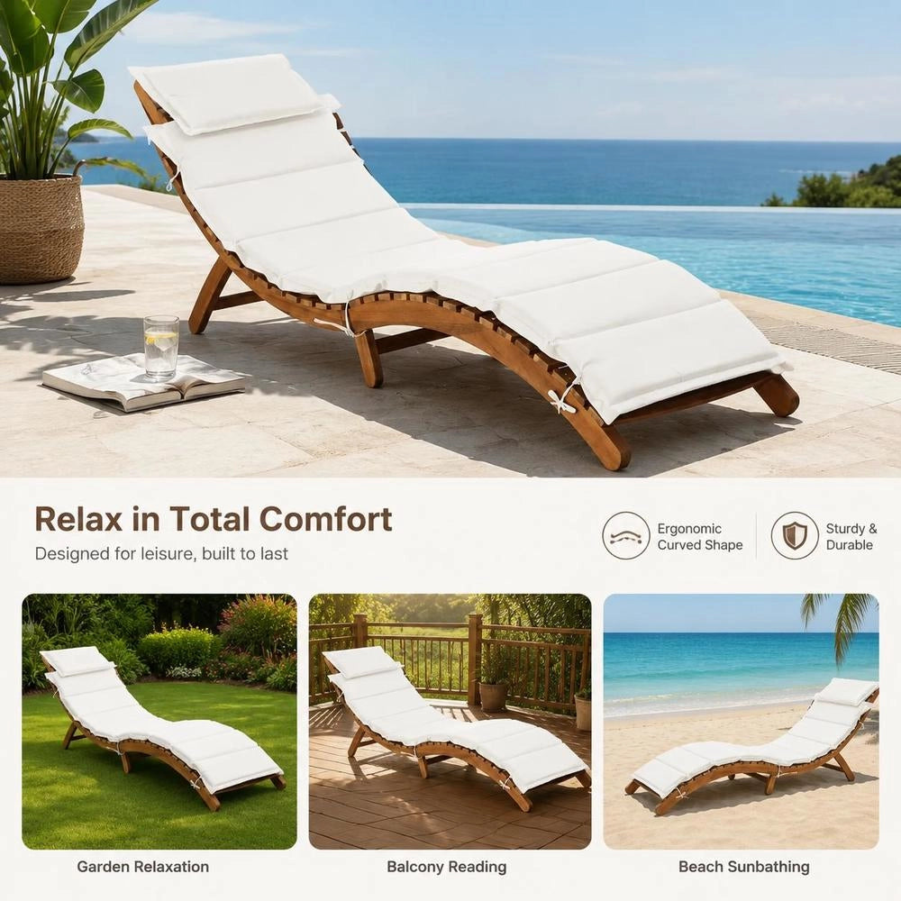 Sun Lounger With Cushion, Solid Acacia Wood, Cream