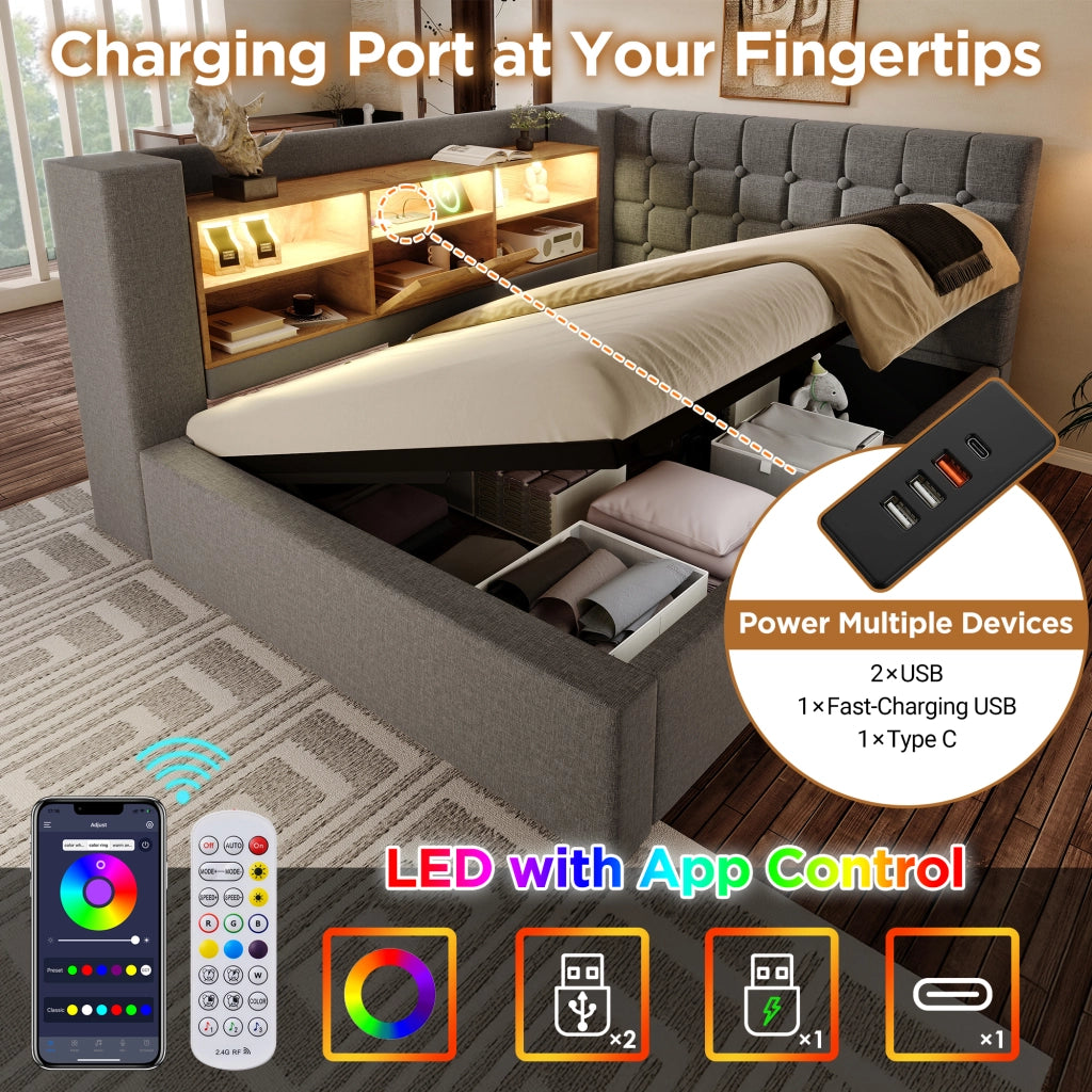Letto singolo 90 × 190 cm con contenitore idraulico; LED; porte USB e USB-C; senza materasso; grigio