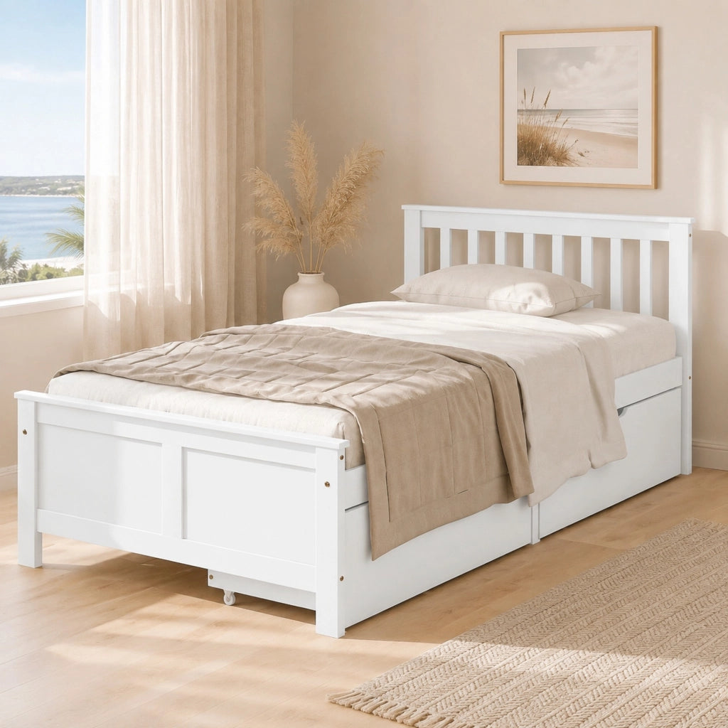 Letto singolo in pino bianco 90x200 cm con 2 cassetti e rete a doghe