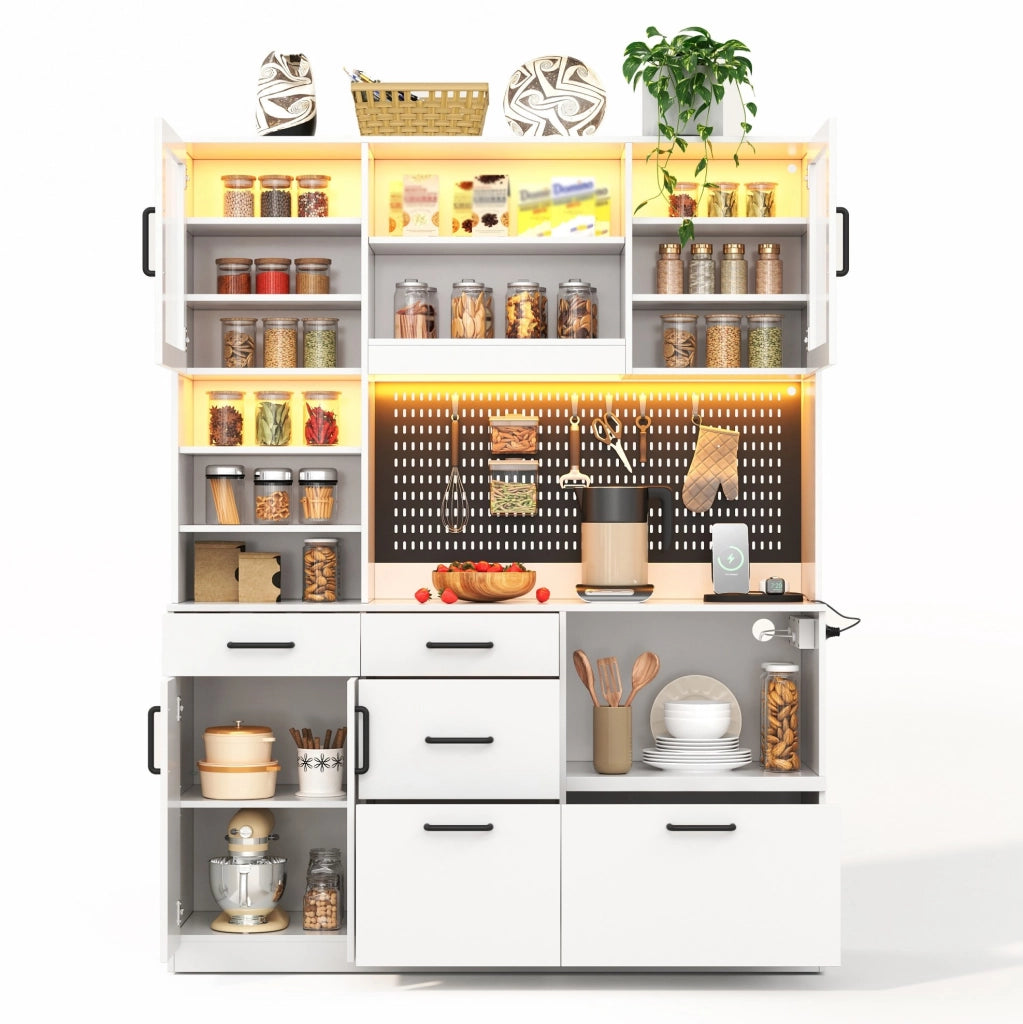 Mobile da cucina con 5 cassetti; LED RGB e prese integrate; MDF bianco