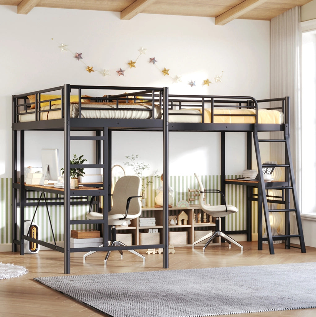 Letto a soppalco 90 x 200 cm con scrivania; scala doppia e parapetto alto; ferro e MDF; nero