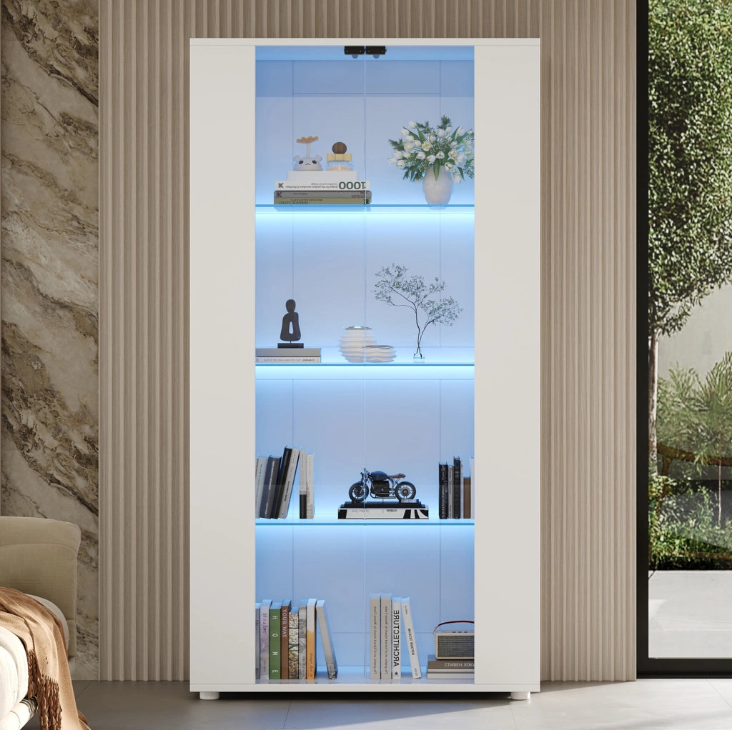 VETRINA 2 Ante in Vetro, 4 Ripiani e LED 80x36x150 cm Bianca