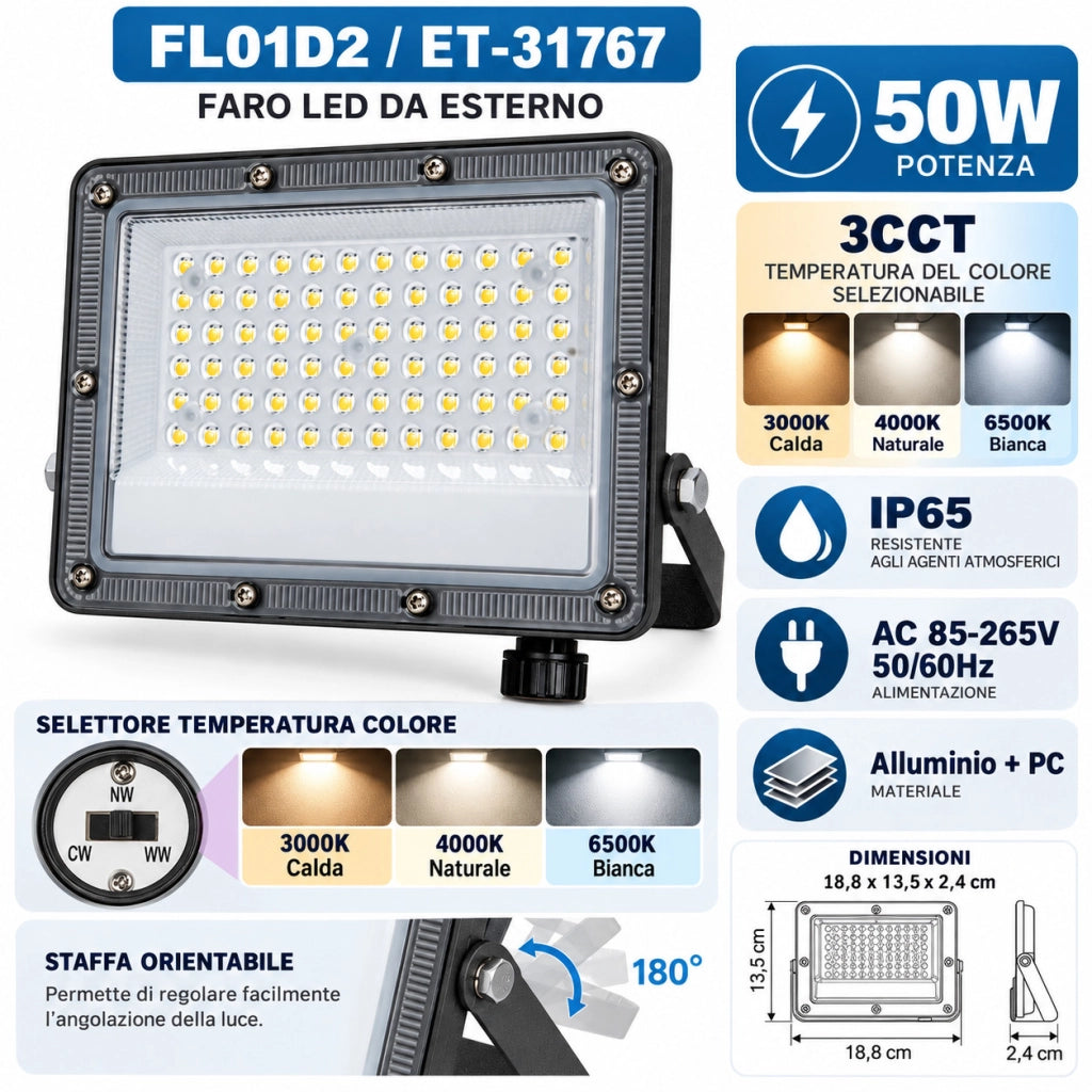 FARO LED 50W ESTERNO IP65 FARETTO GIARDINO 3CCT 3000K 4000K 6500K LUCE ET-31767