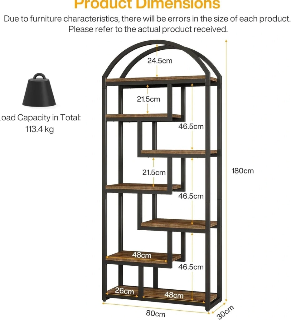 Libreria a 7 ripiani con struttura in metallo e ripiani in MDF, 180 cm, colore legno e nero