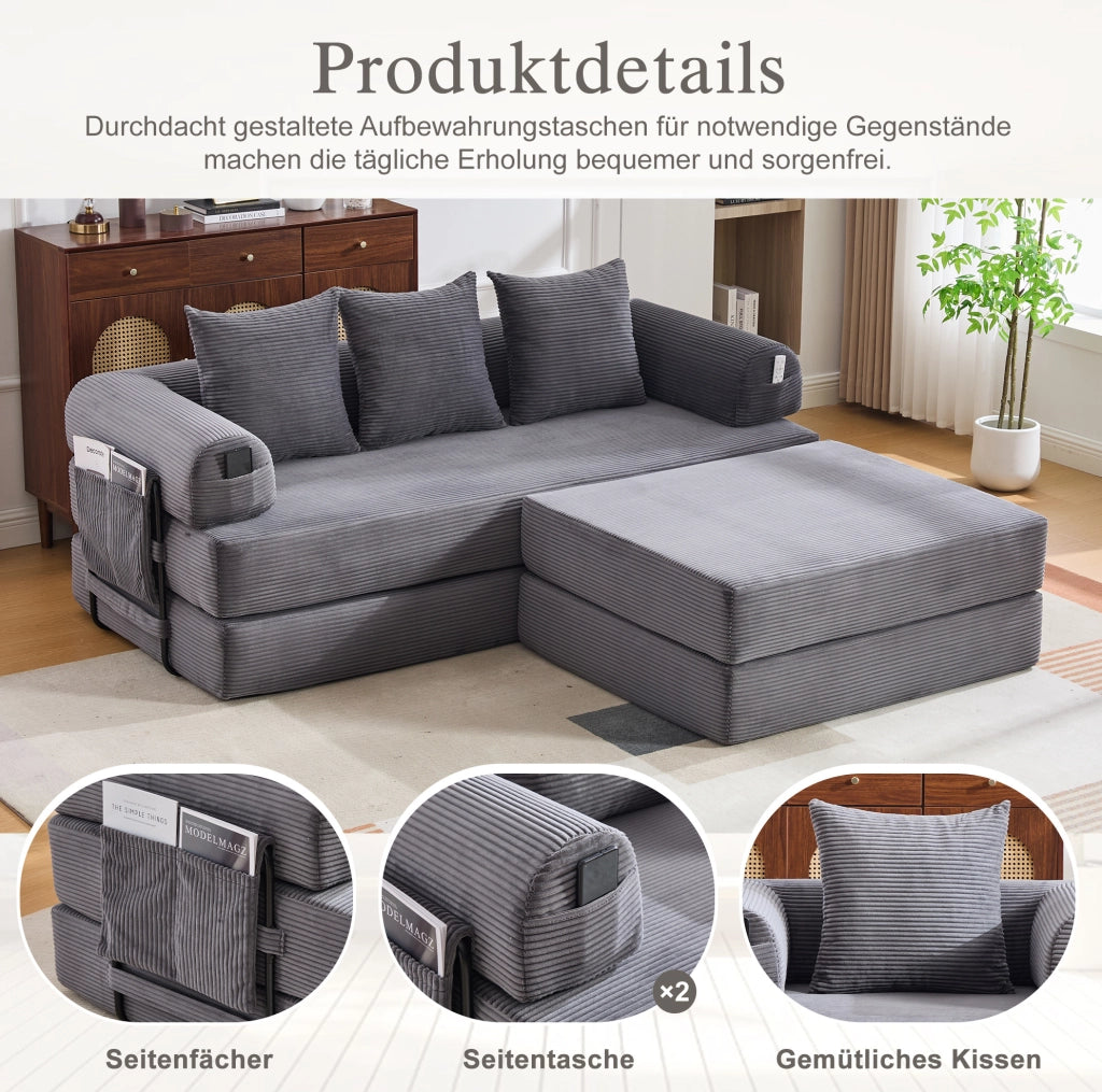 Sofa modulare in velluto a coste con pouf; tasca laterale e 3 cuscini; grigio scuro