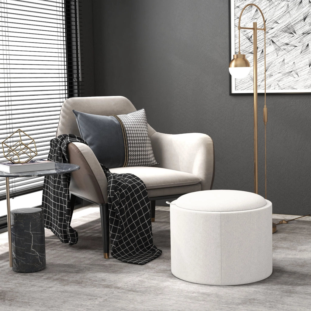 Pouf rotondo ULEVR ?56x42 cm con vano contenitore e coperchio reversibile, effetto lino bianco crema