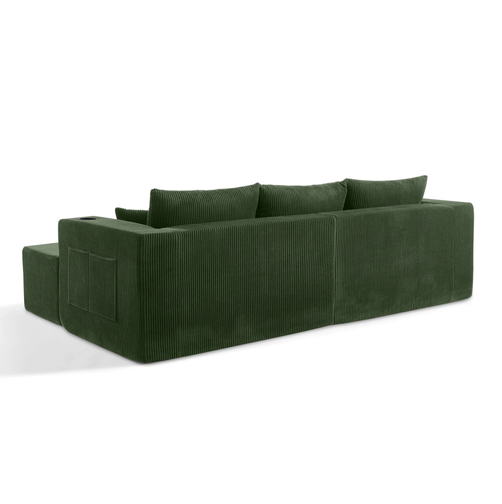 Divano angolare modulare 3 posti in tessuto vellutato beige con pouf mobili, portabicchieri e tasche laterali