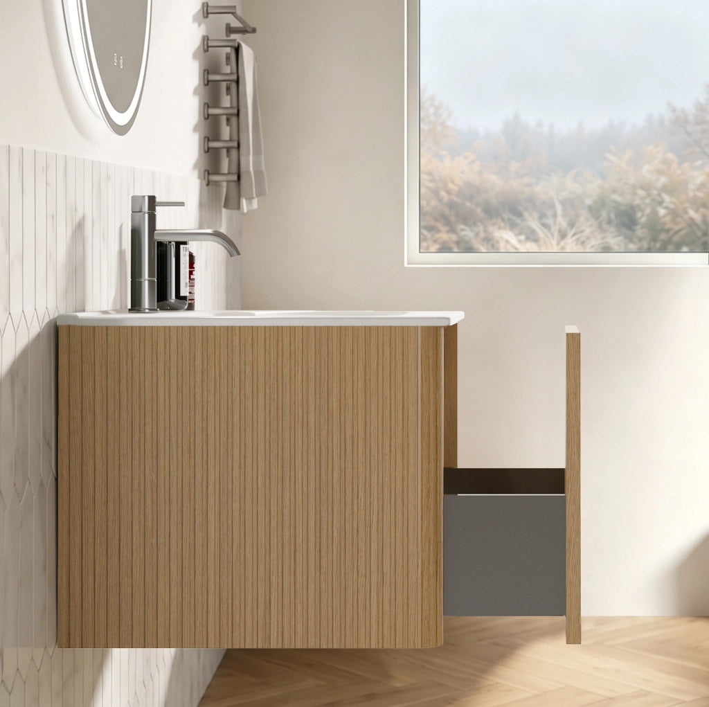 MOBILE BAGNO Sospeso Color Rovere con Specchio LED, Set da 2 pezzi