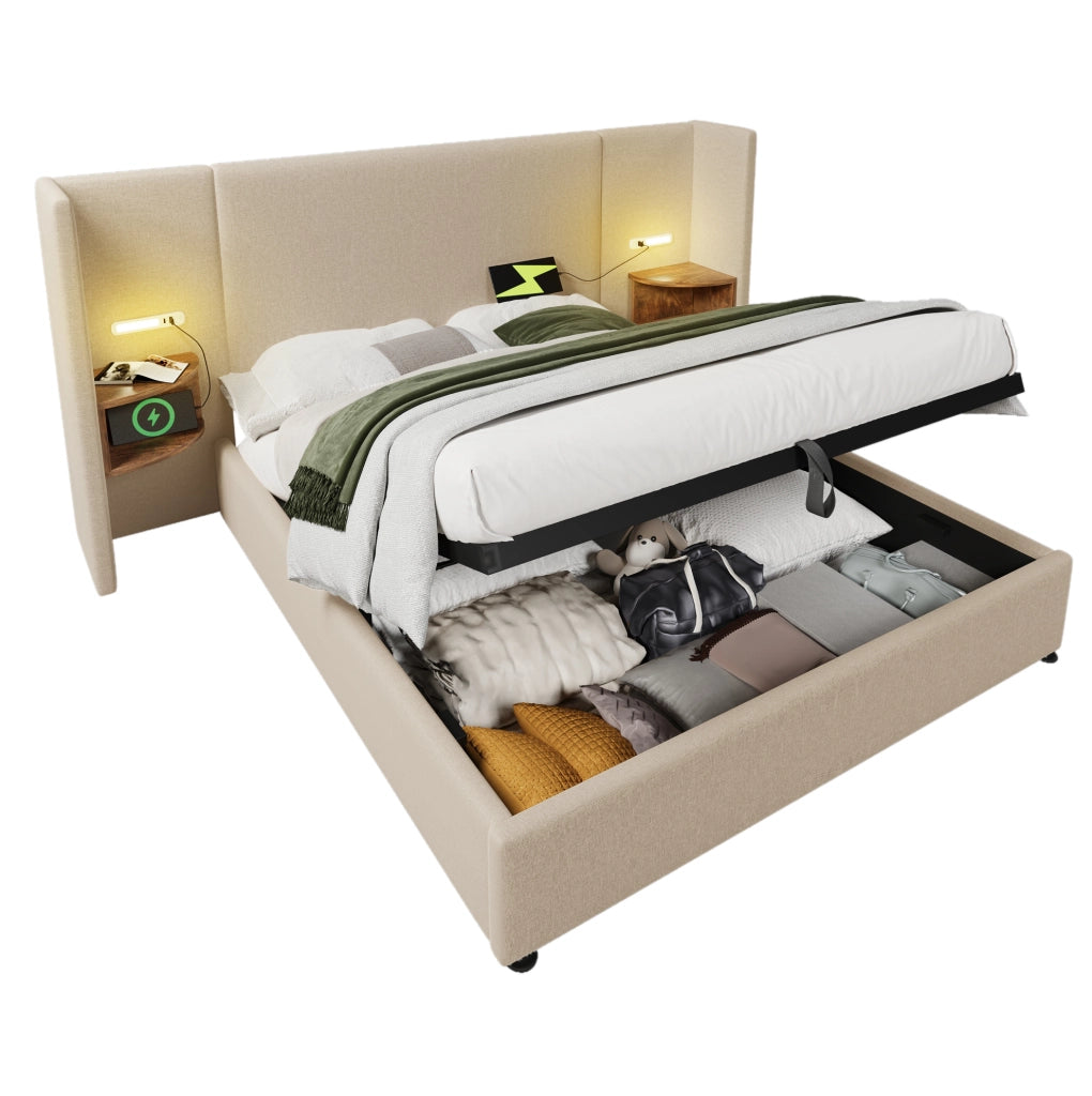 Letto matrimoniale 160x200 cm in lino beige con contenitore, LED e materasso