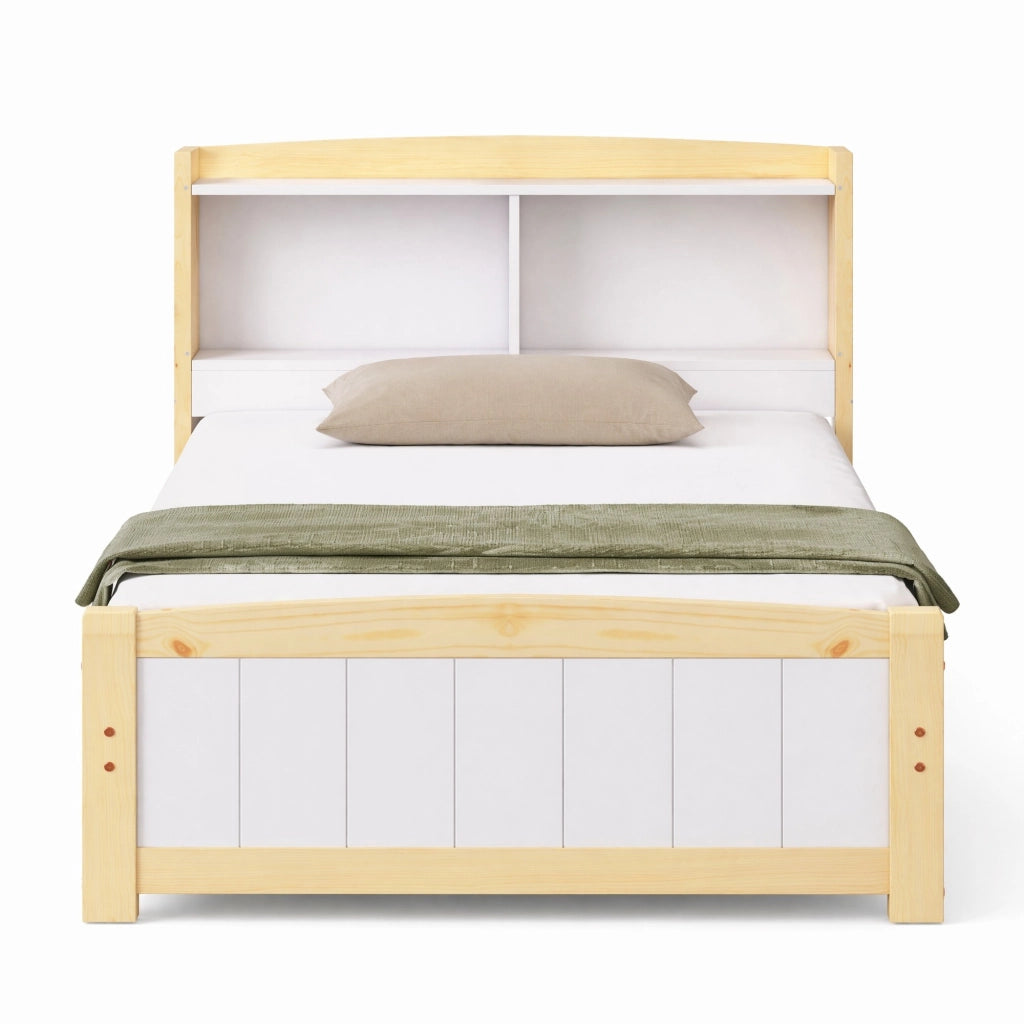 Letto singolo 90 × 200 cm con testiera contenitore e rete a doghe in legno bianco