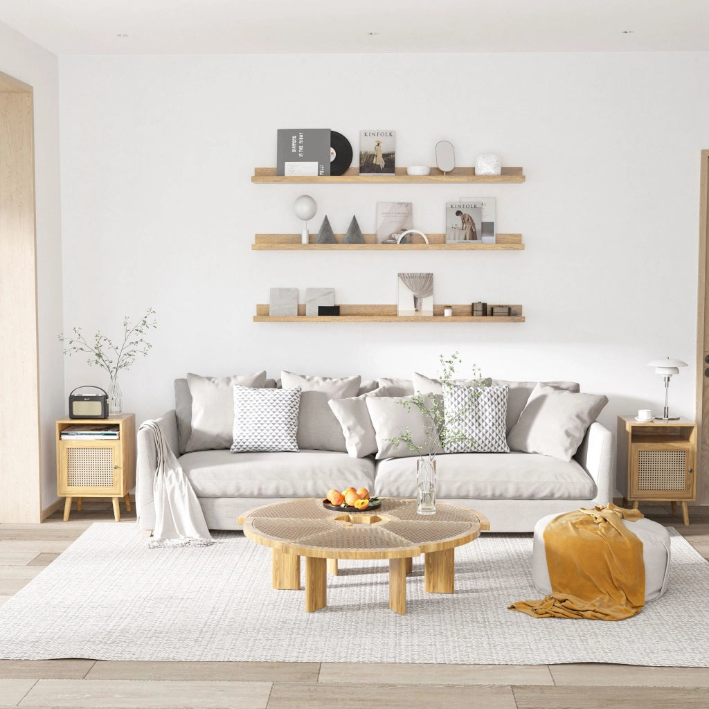 Set 2 comodini in stile boho con armadietto e ripiano aperto in truciolato rattan e MDF pratici e salvaspazio per casa 39x35x60 cm