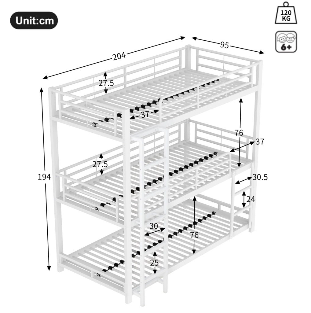 Letto a castello triplo in metallo 90 x 200 cm con scala fissa; bianco