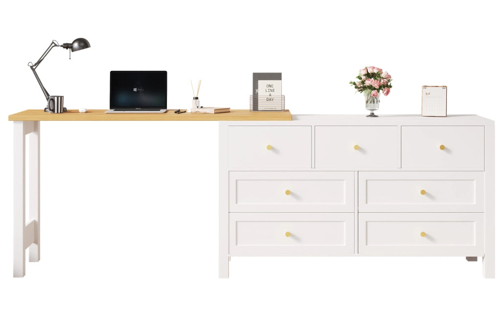 Scrivania 2-in-1 con 7 cassetti e piano girevole a 360°, finitura in effetto rovere, bianco/naturale, scrivania angolare a L