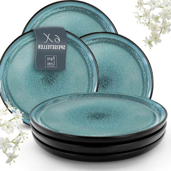 Set di 6 Piatti in Ceramica per Pranzo - Lavastoviglie - Microonde - e Resistente ai Graffi - Adatto per 6 Persone - Set di Piatti - Pure Living in Petrol - Piatti in Stile