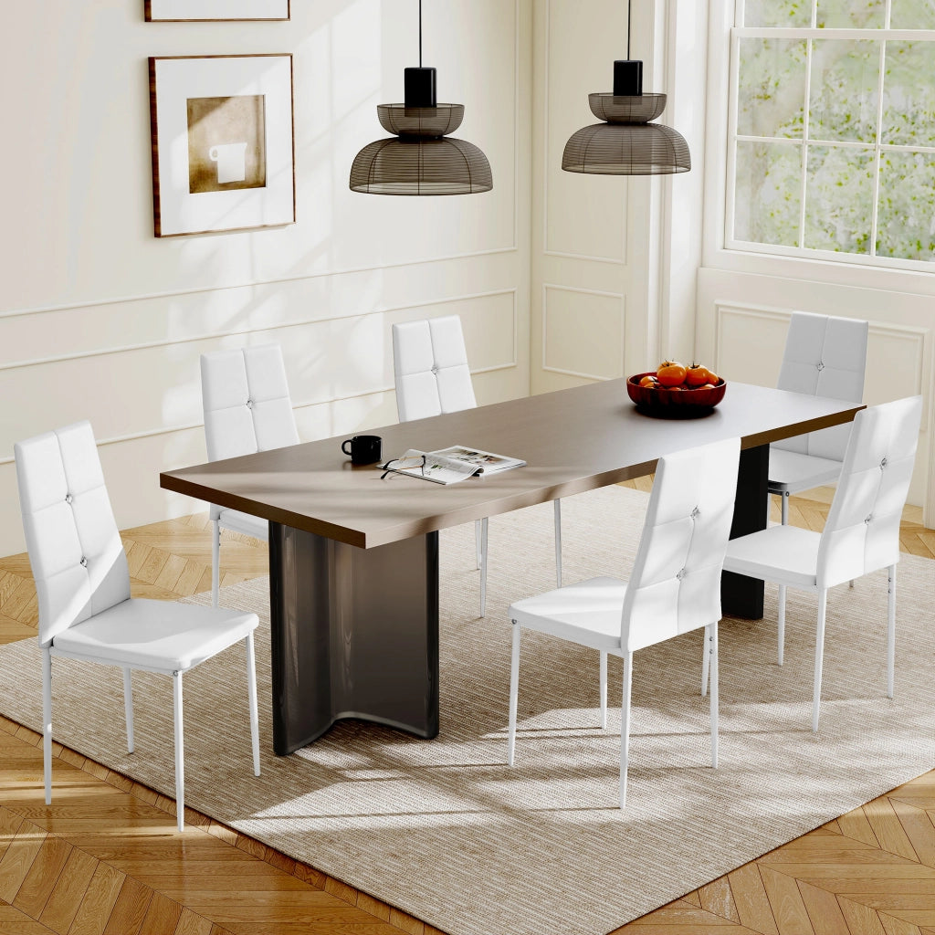 Set di 6 Sedie da Pranzo Imbottite ¨C Minimal ¨C Schienale Alto con Bottoni, Patte in Metallo, Colore Bianco