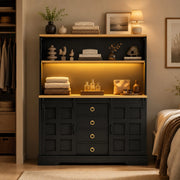 Credenza da cucina 120x40x150 cm con LED RGB, prese USB e 4 cassetti in MDF nero