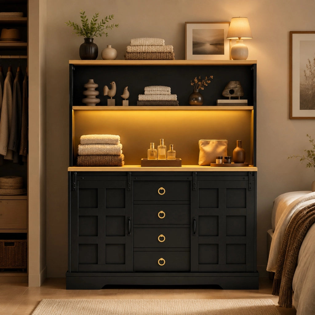 Credenza da cucina 120x40x150 cm con LED RGB, prese USB e 4 cassetti in MDF nero