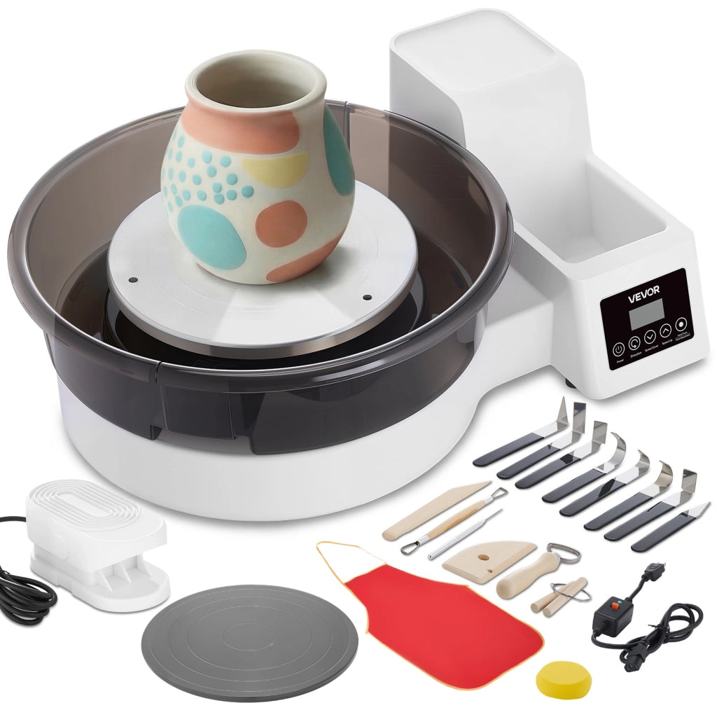Tornio da Ceramica Elettrico 450W Bianco con Pedale e Piatti da 28 e 36 cm, Velocità Regolabile 30-300 Giri/min per Fai da Te Argilla Creta