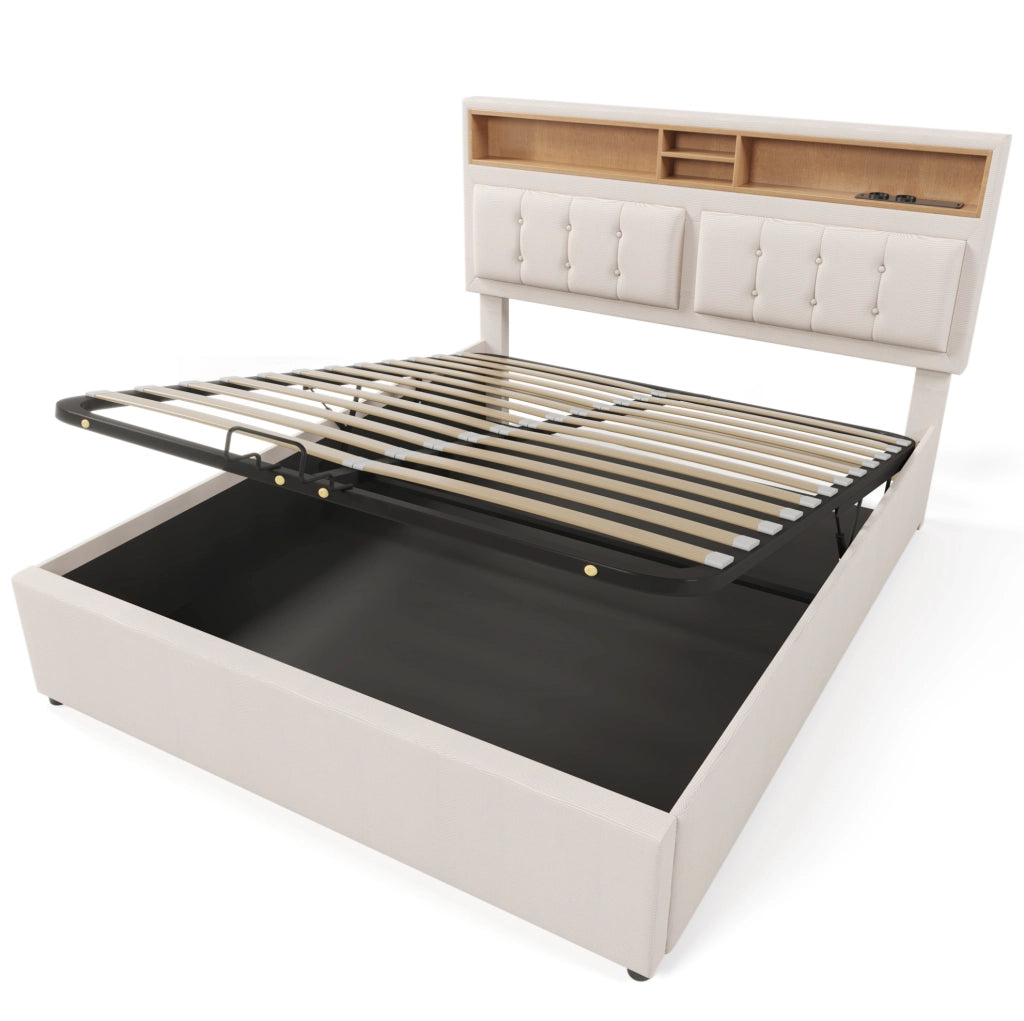 Letto imbottito 140x200 cm con contenitore, USB-C e prese, in lino beige