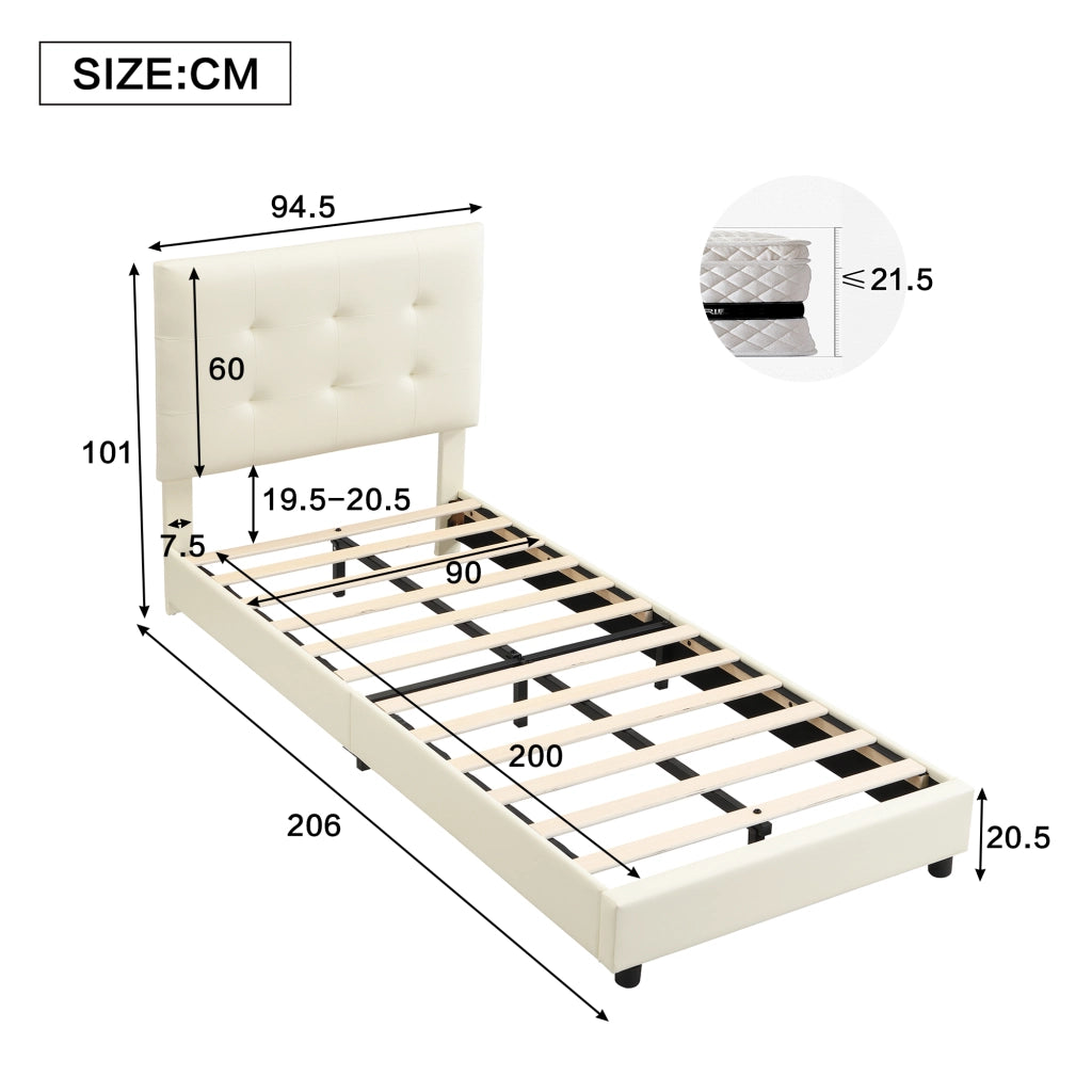 Letto singolo 90 × 200 cm con testiera imbottita in PU e rete a doghe beige