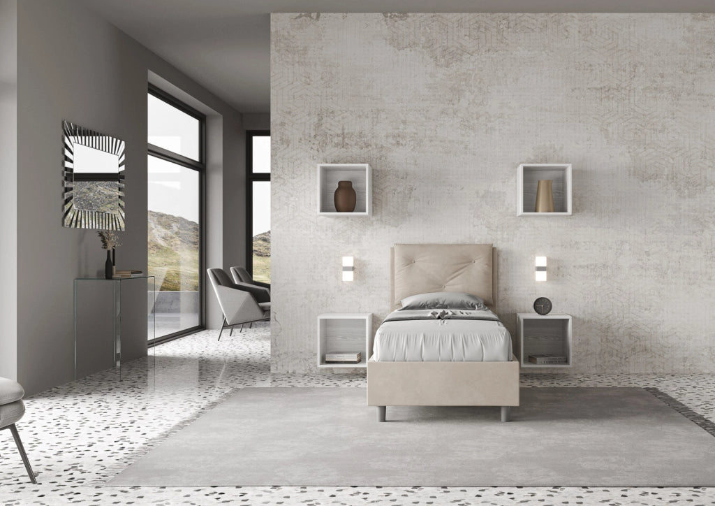 BS COM Letto singolo con rete imbottito 80x210 microfibra sabbia