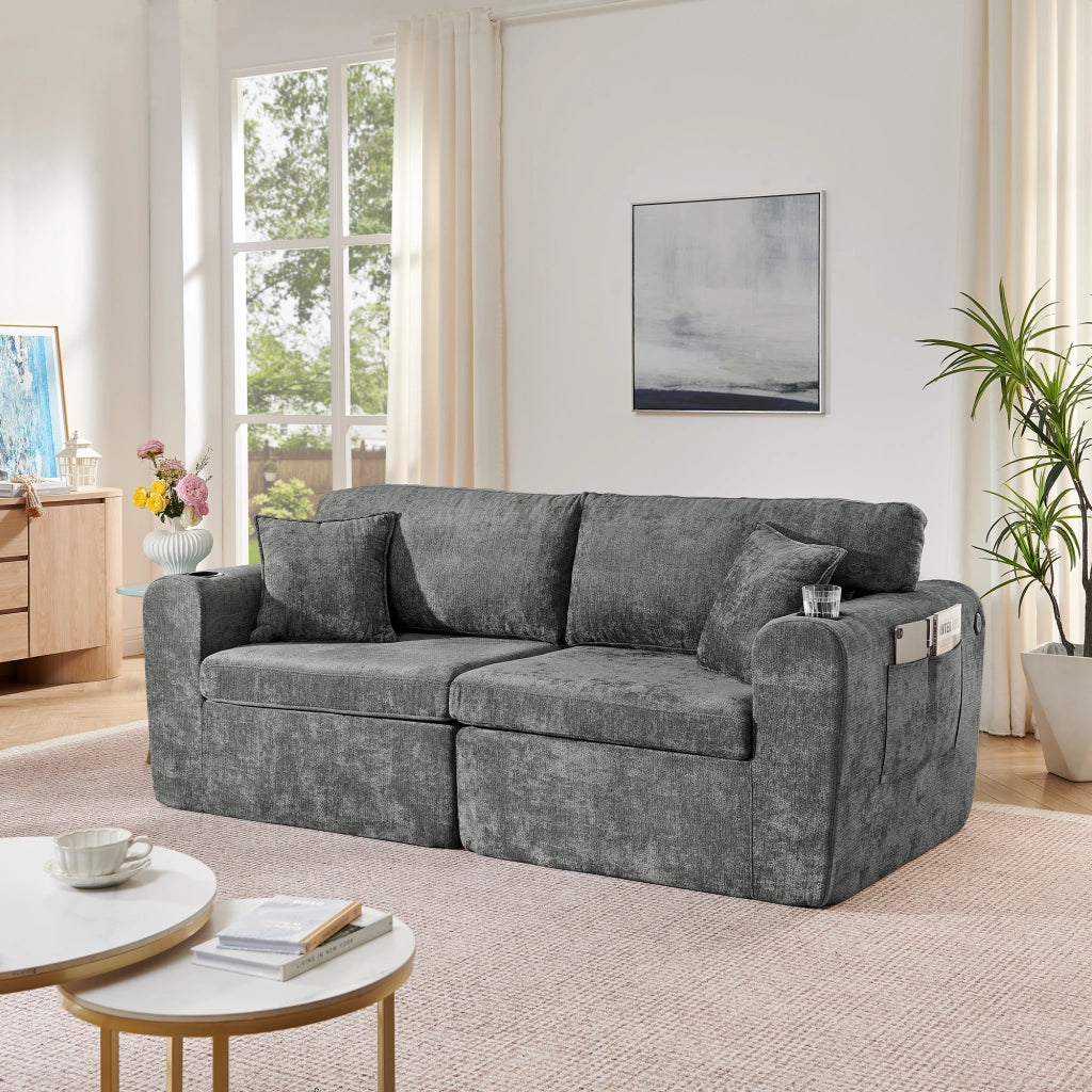 Divano relax 2 posti con tasca laterale; portabicchieri; USB e cuscini in chenille grigio