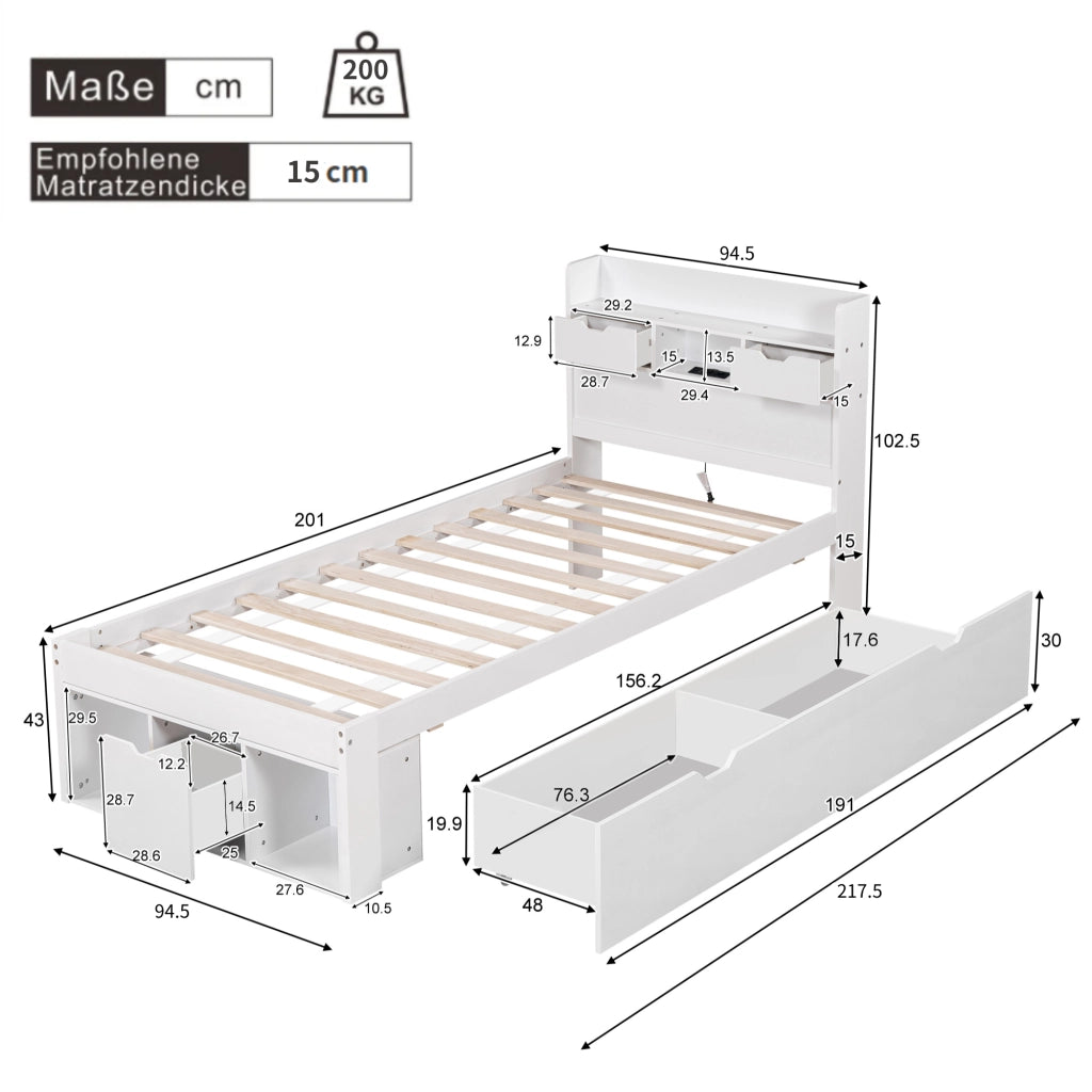 Letto singolo 90×200 cm con cassetti; armadio; USB e Type-C; rete inclusa; senza materasso; legno; bianco