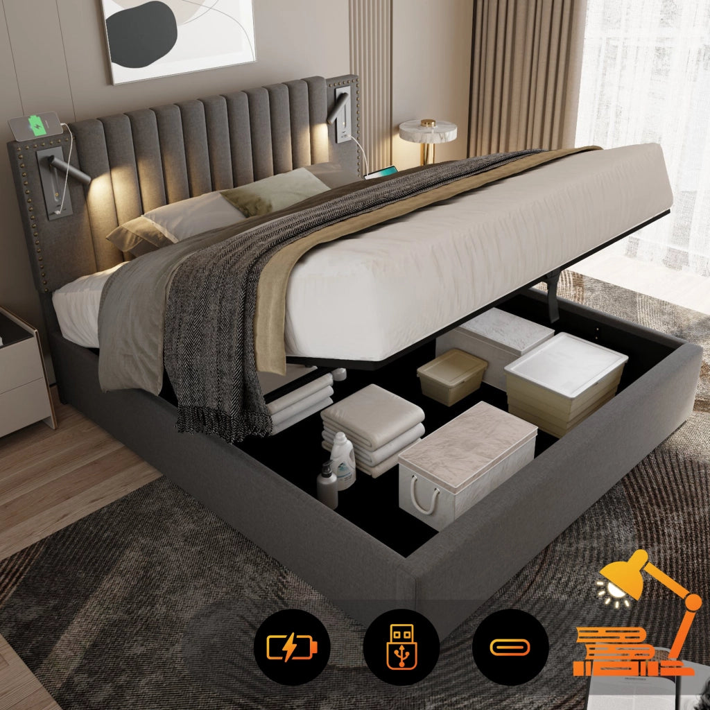 Letto matrimoniale – 140x200 cm – luce USB borchie rete – cotone grigio
