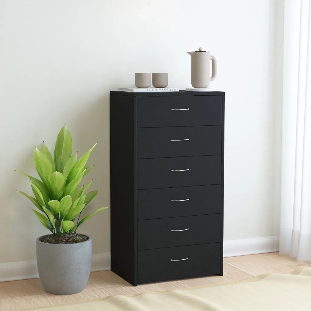 Credenza | Madia | Buffet da pranzo | Armadio da pranzo con 6 Cassetti Nera 50x34x96 cm in Legno Multistrato