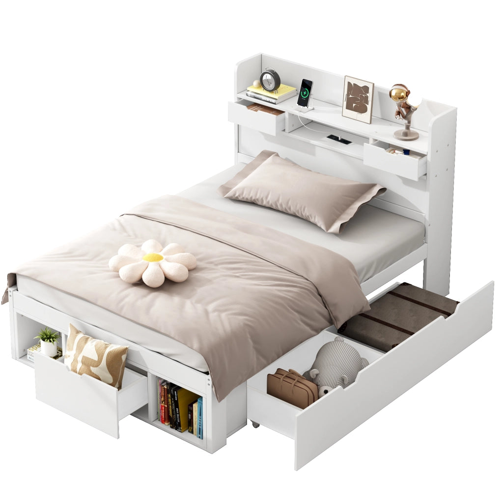 Letto singolo 90×200 cm con cassetti; armadio; USB e Type-C; rete inclusa; senza materasso; legno; bianco