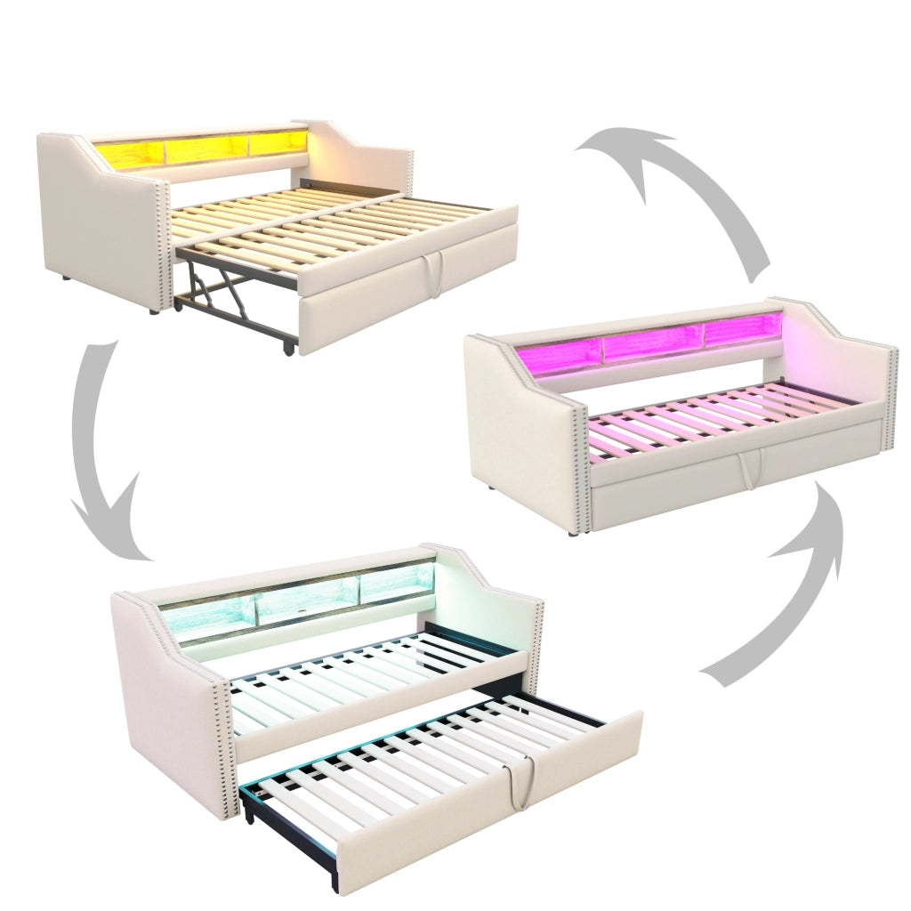 Divano letto estraibile 90x190 cm beige in lino con LED e presa USB
