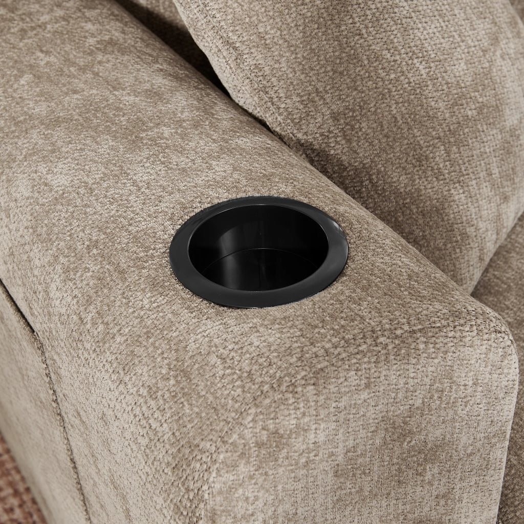 Divano 2 posti relax in chenille con USB; tasca laterale; portabevande e cuscini; marrone