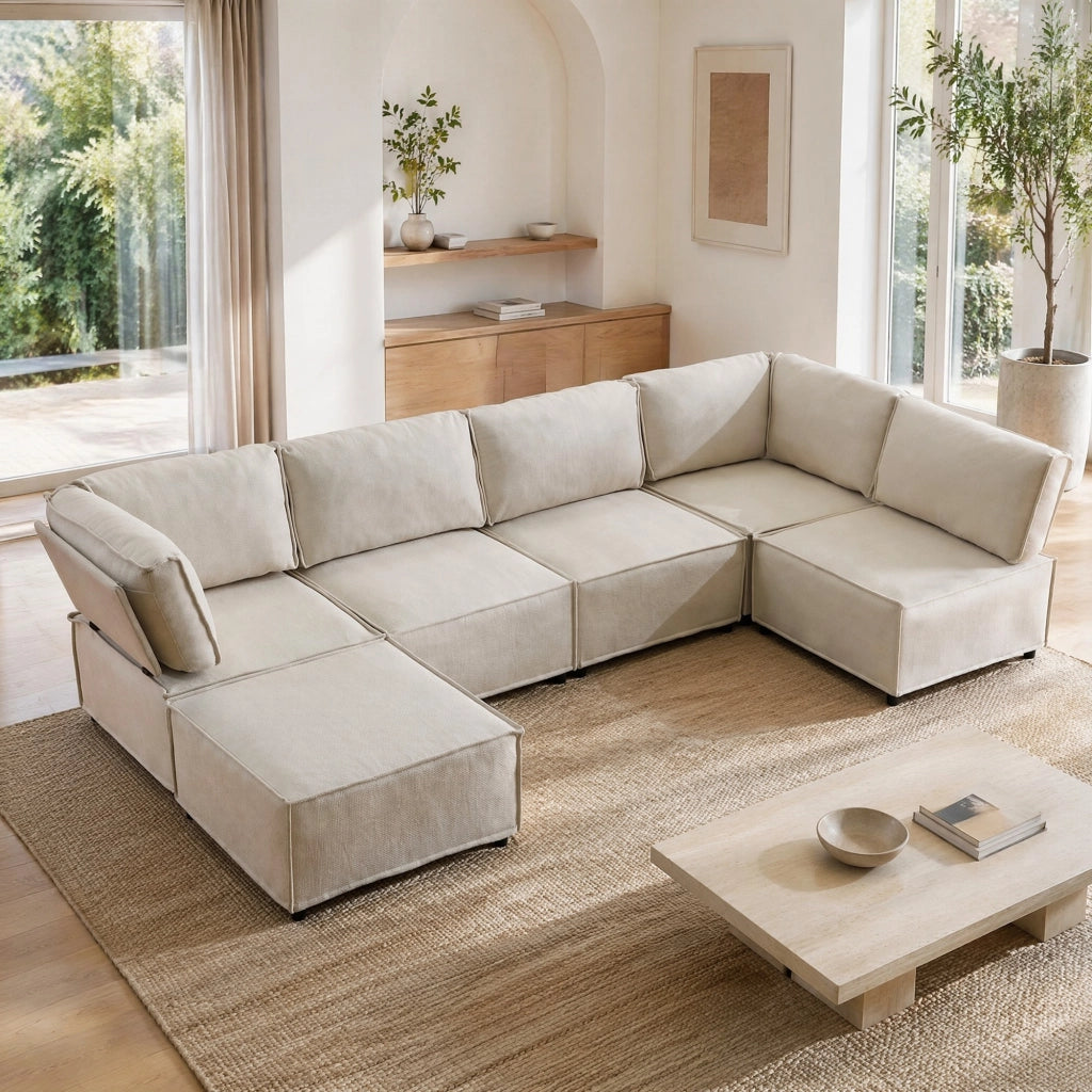 Divano angolare modulare 308x152x77 cm in legno e lino beige convertibile