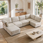 Divano angolare modulare 308x152x77 cm in legno e lino beige convertibile