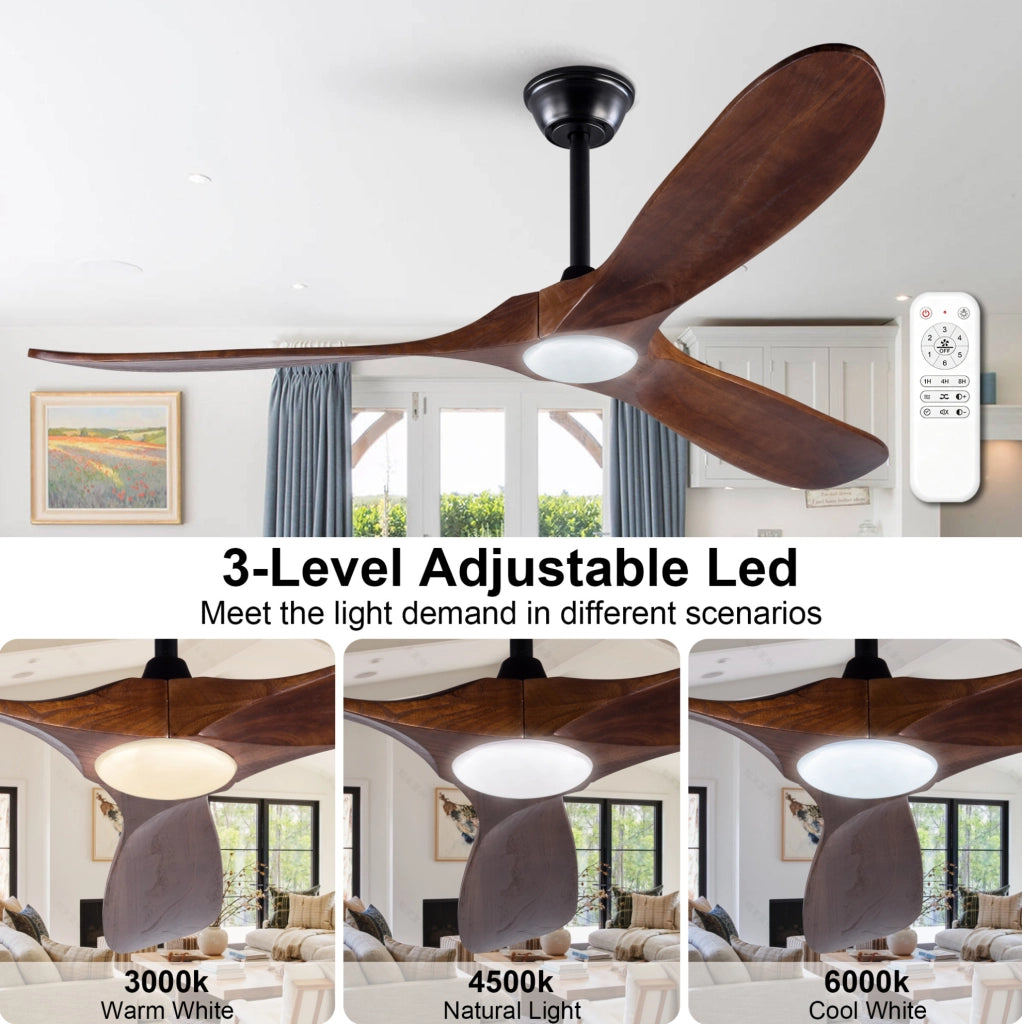 Ventilatore da 60 pollici con illuminazione LED regolabile, 3 pale in legno massello di noce, controllo remoto, 6 velocità e funzionalità reversibile