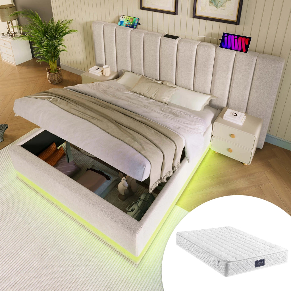 Letto contenitore 160 × 200 cm con LED controllo app e ricarica USB-C rivestito in lino beige