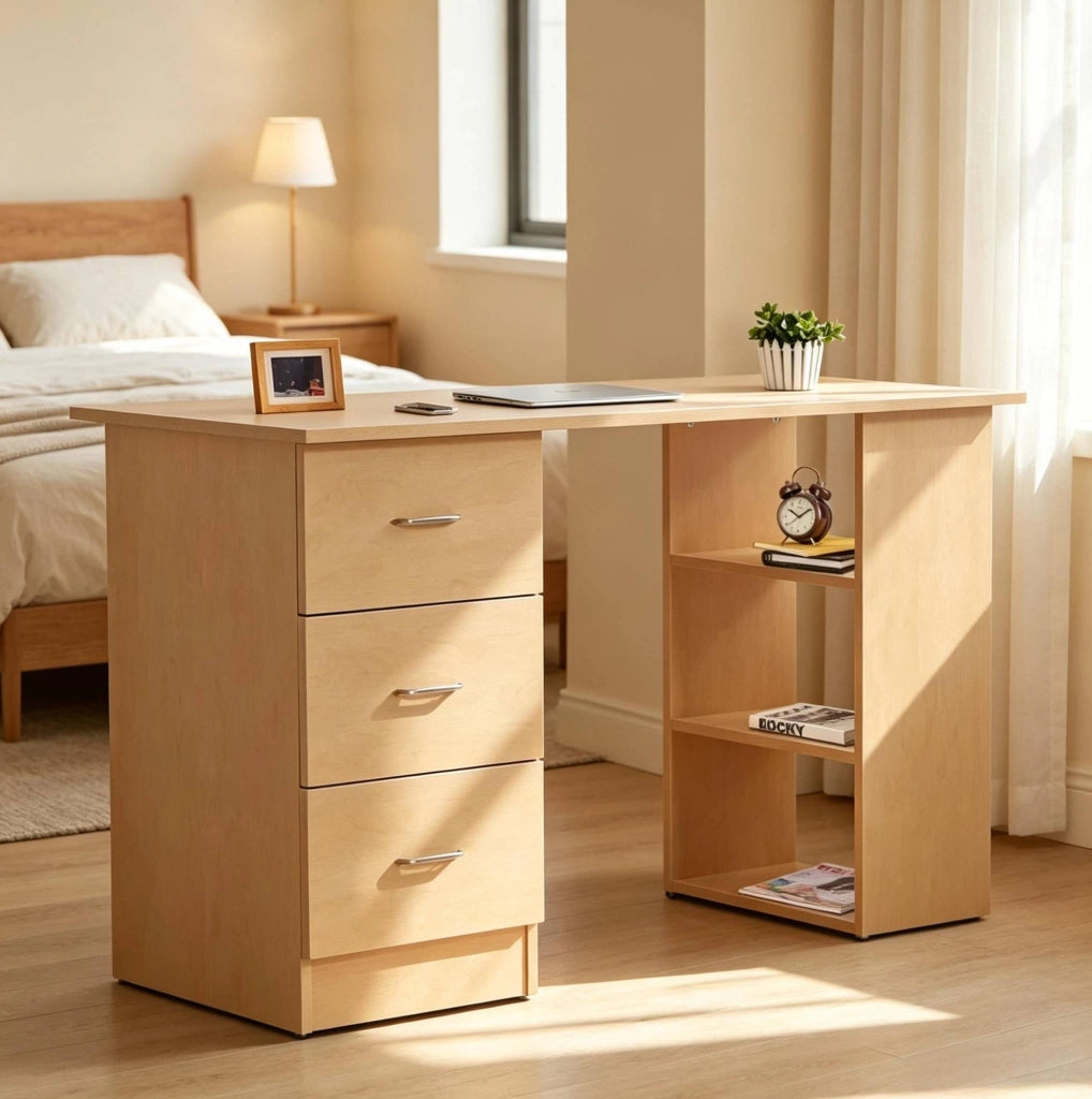 Scrivania per computer in MDF, 120x49x72 cm, con cassetti e ripiani regolabili, colore legno chiaro