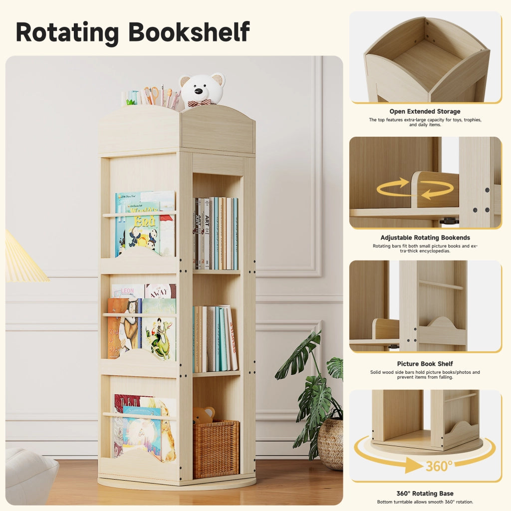 Libreria girevole a 360° con 4 ripiani e vani laterali in MDF naturale 142 × 63 × 63 cm