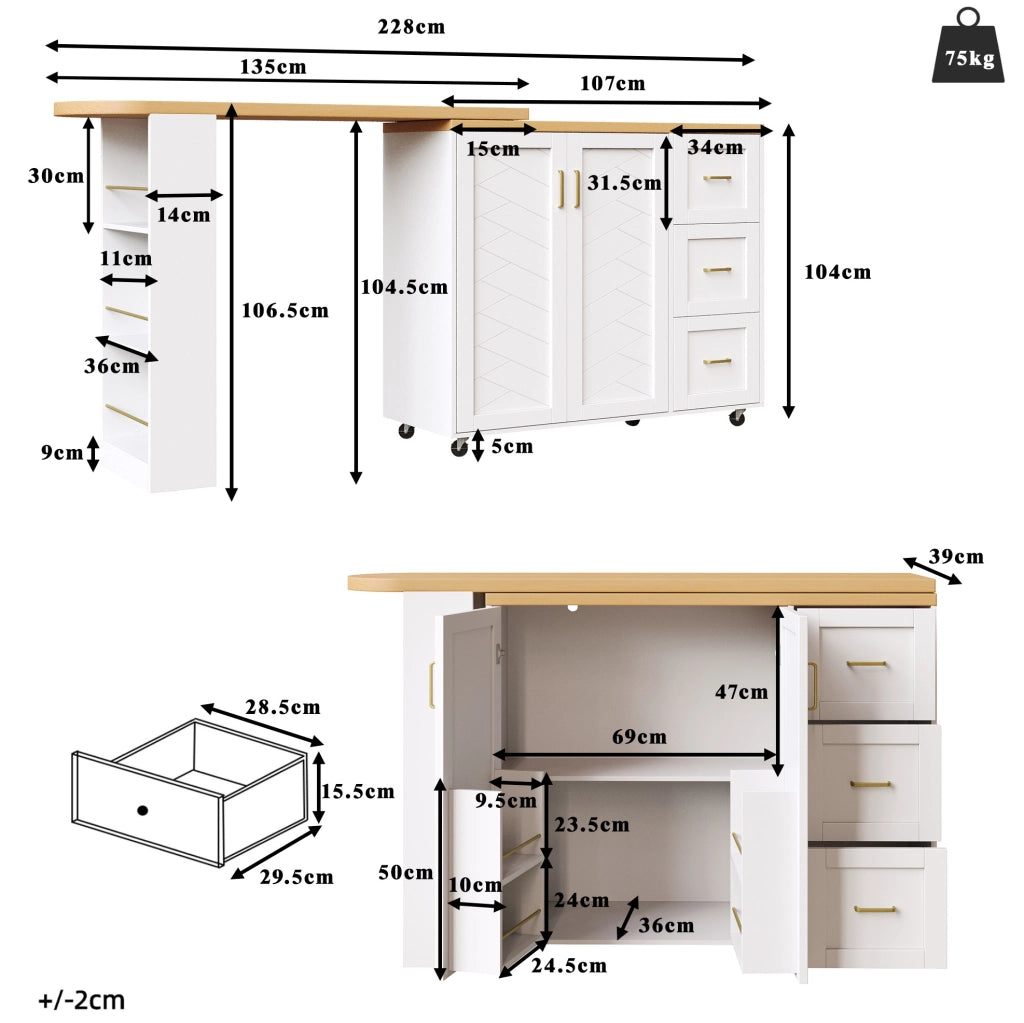Carrello Bar allungabile con 2 Ante, 3 Cassetti e Piano in Effetto Legno, bianco/nero, 135-228x39x104 cm, con ruote