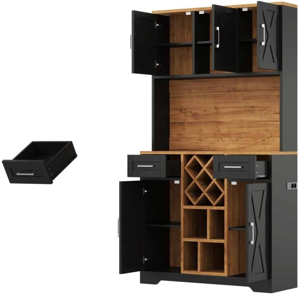 Mobile cucina alto ULEVR 105x40x180 cm con LED RGB, portabottiglie estraibile, 2 cassetti e prese USB, naturale e nero