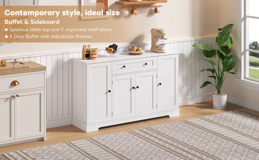Credenza multifunzione 138 cm con cassetto, ante a scaffale e ripiani regolabili. Design moderno con protezione anti-ribaltamento per cucina, soggiorno e camera
