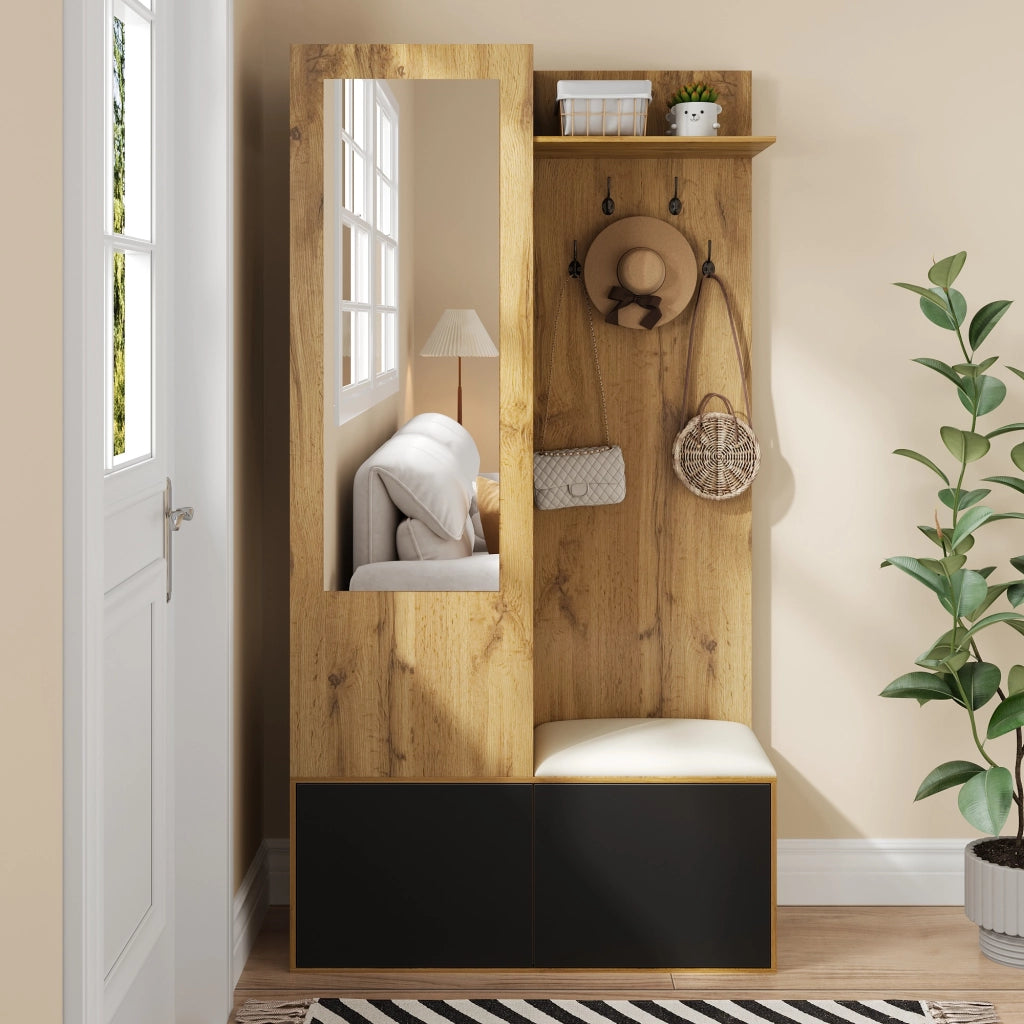 Set di mobili da ingresso con panca; specchio; 5 ganci; 2 scarpiere e ripiano superiore 100 × 38 × 191 cm