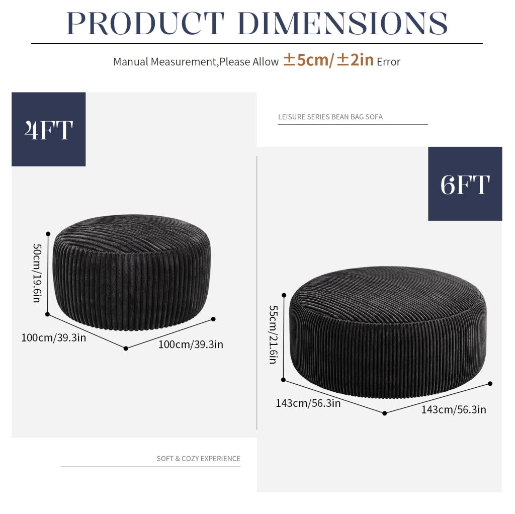 Poltrona sacco rotonda ULEVR 6FT in velluto a coste nero con imbottitura in memory foam granulare