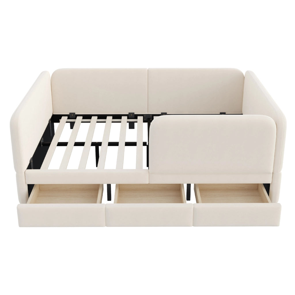 Letto con cassetti 140 × 200 cm imbottito con bordo perimetrale rivestito in velluto beige