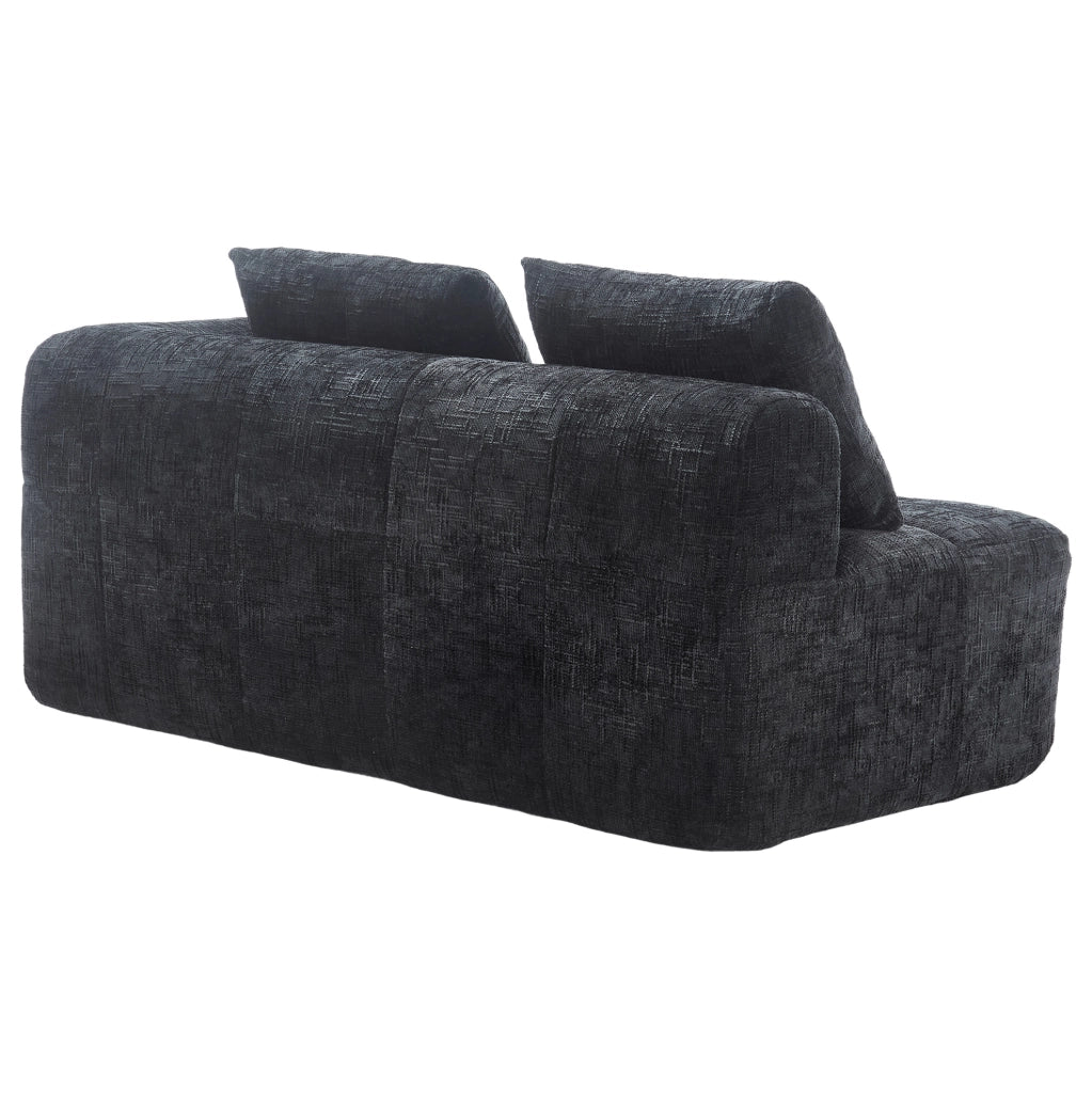Divano comodo per 2 persone con chaise longue, tessuto chenille nero, cuscino incluso e tasche laterali per telecomando e cellulare