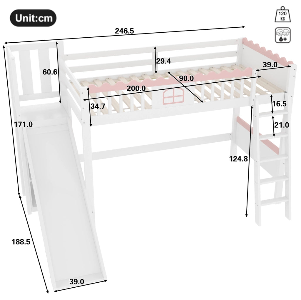 Letto a soppalco per bambini 90 x 200 cm con scivolo, LED e ripiani