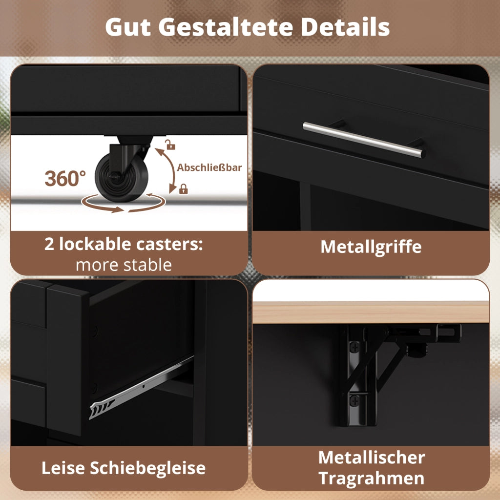 Carrello da cucina con piano pieghevole; 2 armadi; 2 cassetti; portabottiglie; portabicchieri e ruote