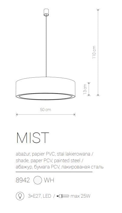 Lampadario sospeso Nowodvorski MIST bianco Ø50 3xE27