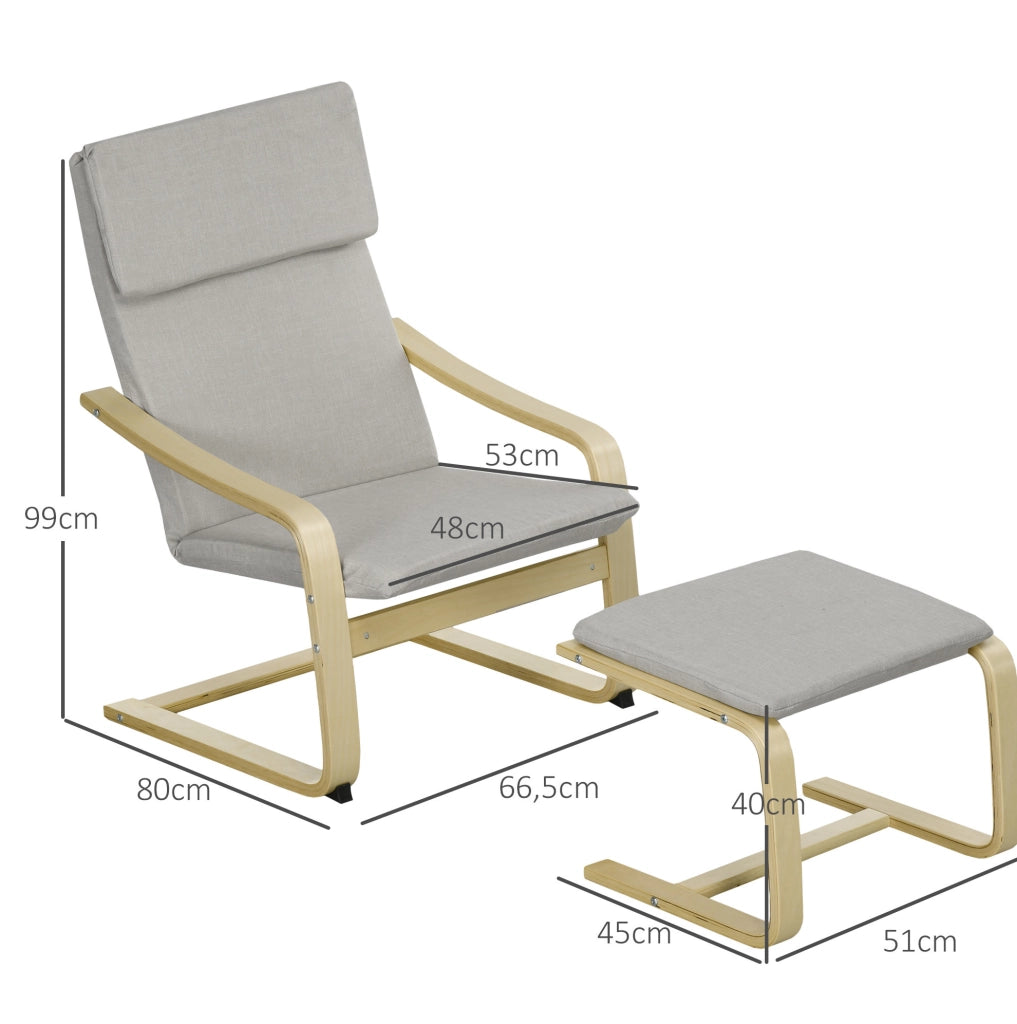 Set di 2 Poltrone Lounge con Poggiapiedi, Braccioli e Poggiatesta in Tessuto Lino, Struttura in Eucalipto, Grigio Chiaro 66,5x80x99 cm