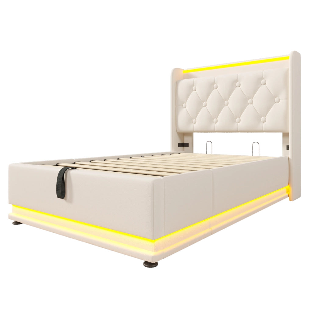 Letto singolo 90x200 cm bianco in PU con LED, contenitore e materasso